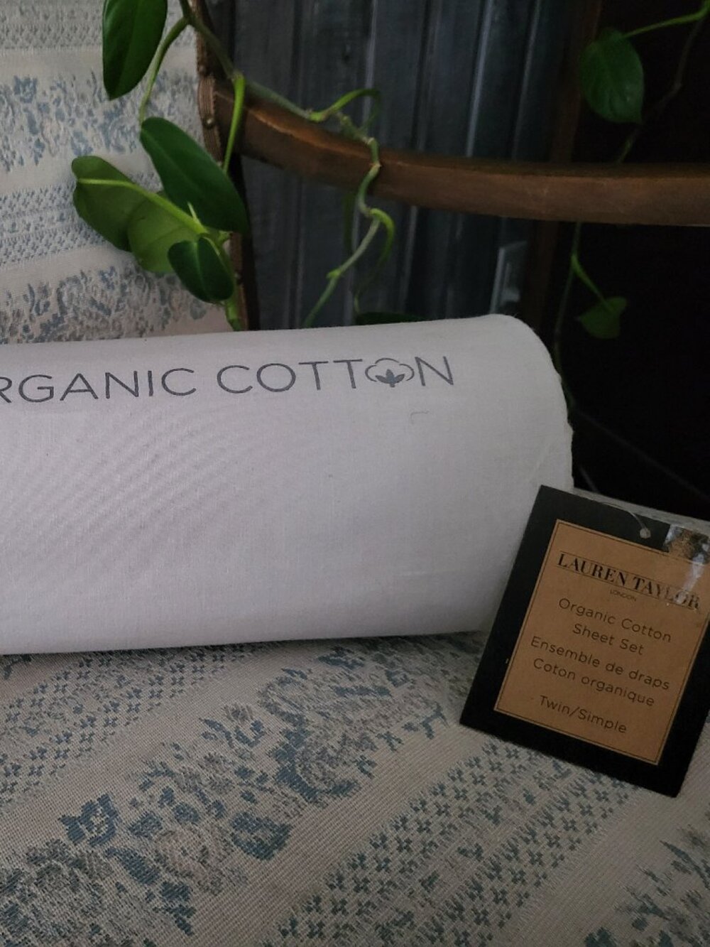 NWT Lauren Taylor Twin Organic Cotton Sheet Set Beige Grey Eco Bedding